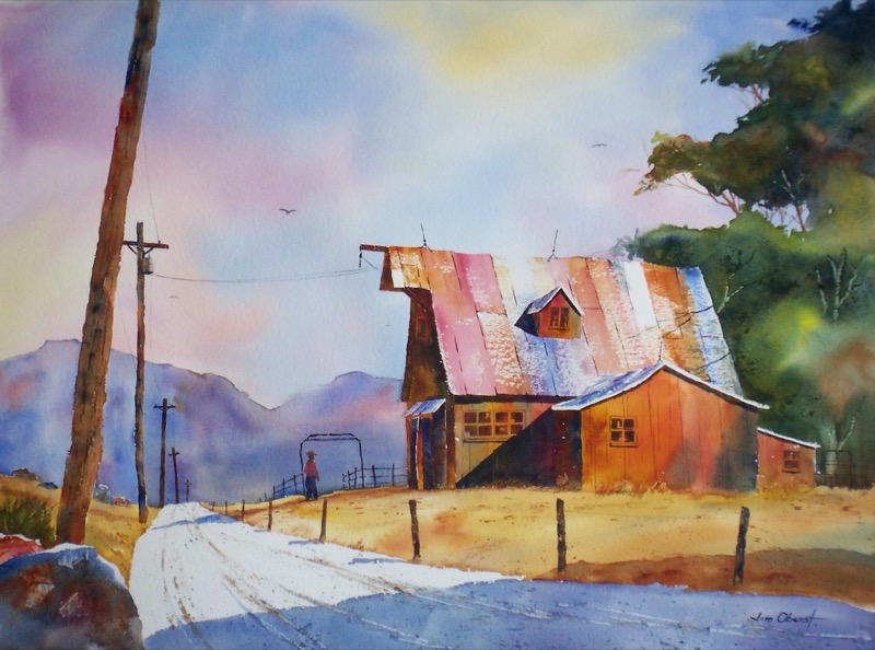 landscape, barn, mountain view, arkansas, original, watercolor painting, oberst